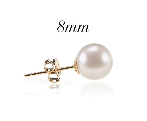 PAVOI 18K Yellow Gold Plated Sterling Silver Round Stud White Simulated Shell Pearl Earrings - 8mm