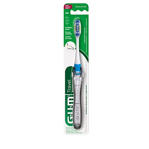 GUM Folding Travel Toothbrush - Compact Head + Tongue Cleaner - Soft Bristled Travel Toothbrushes for Adults 1ct (6pk)