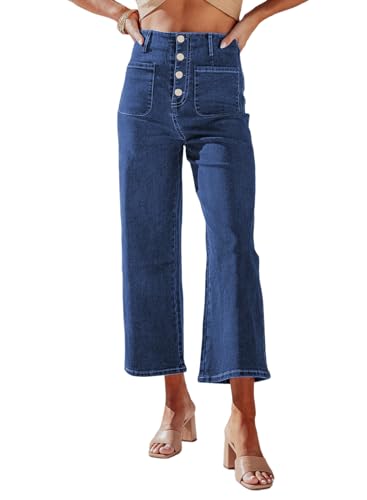 Sidefeel Women's Wide Leg Jeans High Waisted Stretchy Straight Leg Jeans Buttoned Loose Denim Pants with Pocket Sail Blue Size 14 Short