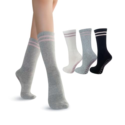 JCZANXI Yoga Socks with Grips for Women, Non Slip Grip Socks for Yoga, Pilates, Barre, Dance, Ballet (Cotton, Black/Grey/White)