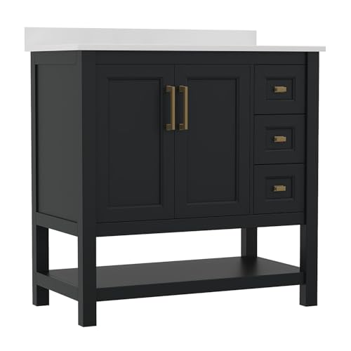 Flash Furniture Vega 36 Inch Bathroom Vanity with Sink, Storage Cabinet with Soft Close Doors, Open Shelf and 3 Drawers, Carrara Marble Finish Countertop, Black/Gold