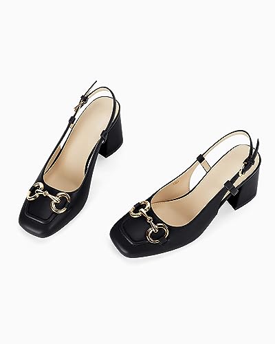 Coutgo Women's Slingback Chunky Block Heels Pumps Square Toe Metal Buckle Party Dress Work Shoes, Beige, Size 10