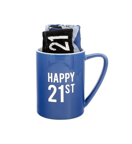 Pavilion - Happy 21st 18 oz Coffee Mug Tea Cup - 21 Argyle Patterned Blue Crew Socks Women US 9-13 & Men US 8-12 Birthday Party Celebration Decoration Commemoration Gift Present For Him