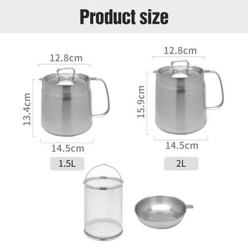 2L Stainless Steel Oil Filter Pot, 2024 Upgrade 304 Stainless Steel Large Capacity Versatile Oil Filter Vessel Tank, Kitchen Mini Oil Fryer And Filter Cup Combo Multi-Function Frying Net Tank (A-1.5L)