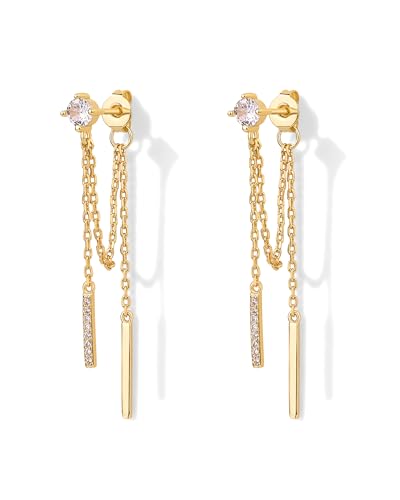 PAVOI 18K Yellow Gold Plated Sterling Silver Posts Drop Dangle Chain Earrings for Women | Dangling Chain Studs | Cubic Zirconia Ball Threader Earscapes Earrings