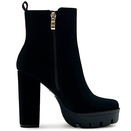 Ollio Women's Shoes Faux Nubuck Platform Stacked High Heels Ankle Boots H107 (6 B(M) US, Black-NB)