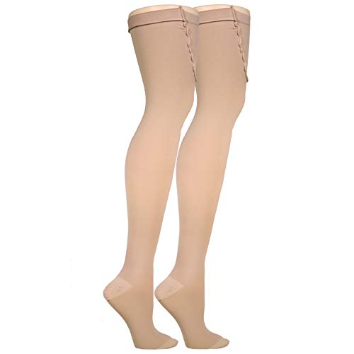 Truform Surgical Stockings, 18 mmHg Compression for Men and Women, Thigh High Length, Open Toe, Beige, Small