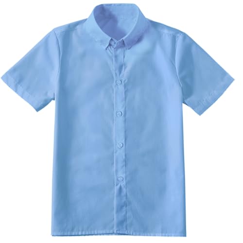 Boys Button Down Shirt Teenagers Short Sleeve School Uniform Blue Dress Shirts for Boy Summer Solid Collared Shirt Size 20