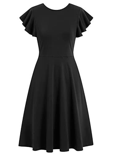 Fit and Flare Dress for Womens Petite Elegant Vintage Ruffle Sleeves V-Back Casual Work A-Line Cocktail Party Dresses with Pockets 842 Navy Blue S