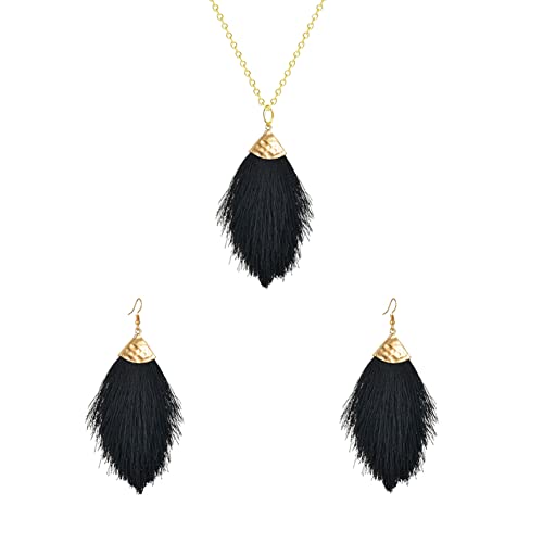 Seakuur Bohemian Silky Thread Fan Fringe Tassel Statement Earrings Lightweight Strand Feather Shape Dangles Earring Necklace Set for Women (Black)