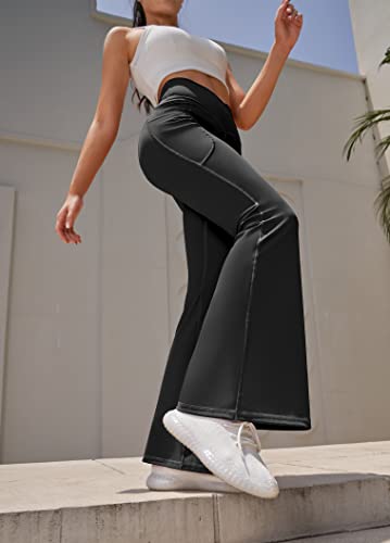 Ewedoos Flare Leggings for Women with Pockets Tummy Control Crossover Flare Yoga Pants Dress Casual Slacks Trousers