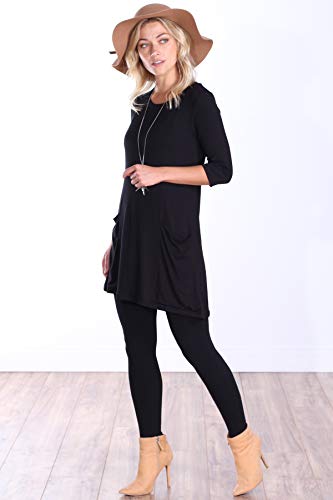 Popana Womens 3/4 Sleeve Tunic Top with Pockets for Leggings Made in USA Medium Black