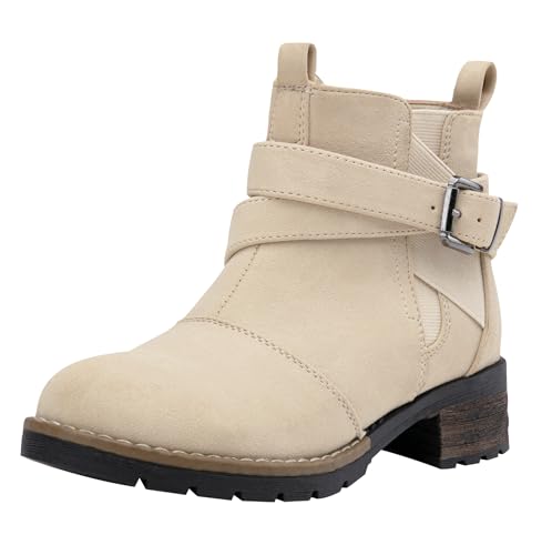 Jeossy Women's 9007A Ankle Casual Chelsea Boots, Fashion Low Heel Booties, Beige, Size 6M US-with Size Zip(DJY9007A Beige 06)