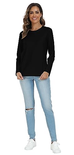 LOVFEE Women's Basic Crewneck Tee Long Sleeve Cotton Tops Loose Fit T-Shirt Black/S