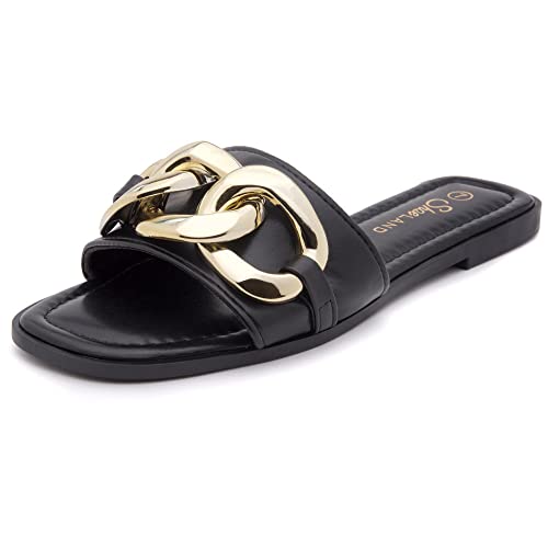 Shoe Land Women's Flat Sandals - Square Open Toe Single Band Fashion Slides with Metal Chain Dressy 2025 Trendy | Comfortable Slippers with Cushioned Footbed for Summer, Black, Size 6.0, Emma
