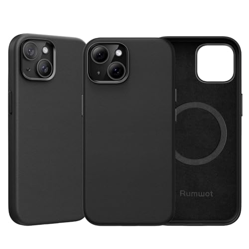 Rumwot for iPhone 15 Leather Case | Genuine Full Grain Leather| Compatible with MagSafe and Wireless Charging | Metal Buttons Camera Bezel | Slim Fit-Drop and Scratch Resistant(Black)