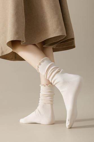 SRYL Ruffle Ankle Socks for Women's,Casual Cute Turn-Cuff Socks Soft Breathable Knit Cotton Lettuce Frilly Crew Socks Women/Girls (3 Pairs (white+light beige+khaki))