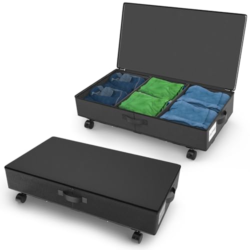 3rd Generation Under Bed Storage with Wheels 2-in-1 Underbed Storage Bins Containers Label Shoe Storage Organizer Drawer Bag Clear Window Solid Fabric for Bedroom Clothes Shoe Blanket (two-grey)