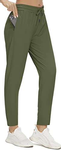 PERSIT Womens Joggers Pants with Pockets, Workout Lightweight Quick-Dry Running Athletic High Waisted Tapered Casual Hiking Pants - Army Green - XS