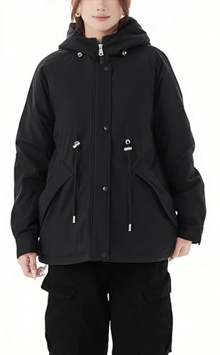 JiangWu Womens Fashion Fleece Sherpa Lined Hooded Coat Winter Thicken Warm Jacket(A-Black,Medium)