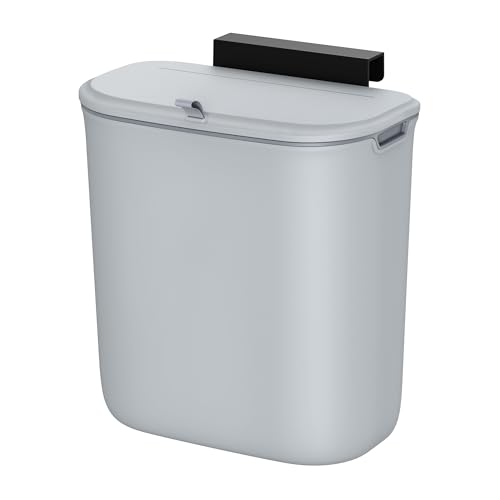 SONGMICS Hanging Trash Can, 2.4 Gallon Kitchen Compost Bin, Garbage Can for Kitchen, Kitchen Trash Can with Lid, Wall Mounted Trash Can, for Cupboard, Bathroom, Under Sink, Gray ULTB820G9