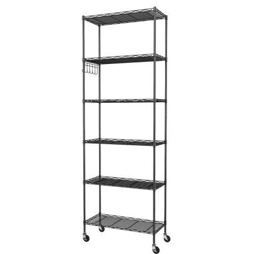 Homdox 6-Tier Storage Shelf Wire Shelving Unit Free Standing Rack Organization Adjustable Leveling Feet, Stainless Side Hooks, Black