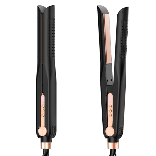 SKIMI Airflow Styler, Titanium Flat Iron Hair Straightener, Professional Airflow Styler Curling Iron with Cooling Air Vents to Lock in Style, 5 Temps & Dual Voltage, Auto Off(Black & Champagne Gold).