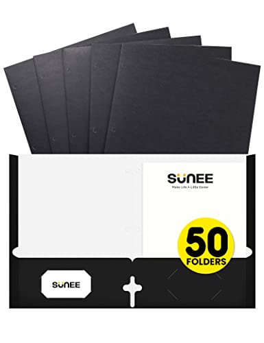 SUNEE Folders with Pockets 3 Hole Punched(50 Pack, Black), 2 Pocket Folders Fit Letter Size Paper, Paper File Folder for School Office Home Business