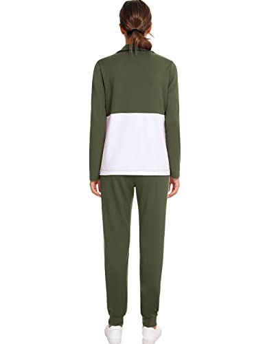 HALCYEEN Women's Striped Jogging Suits Set Soft Cotton Pants and Jacket Outfit with Pockets Army Green S