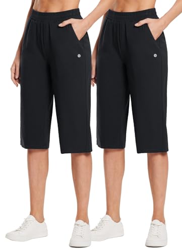 baleaf Women's 15" Cotton Long Shorts Below The Knee with Pockets Walking Bermuda Shorts Yoga Capri Pants Black M