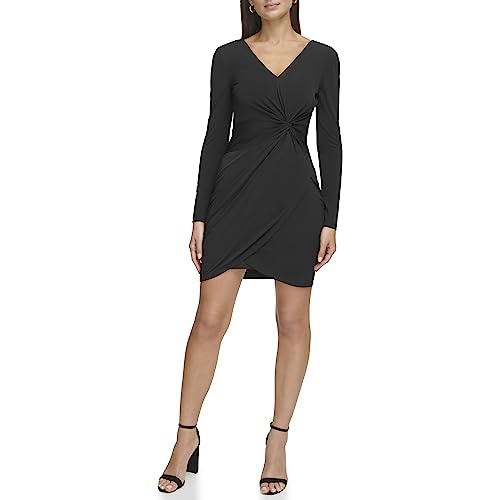 GUESS Women's Knot Detail Fitted Long Sleeve V-Neck Dress, Navy