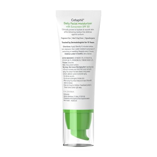 Cetaphil Daily Facial Moisturizer SPF 50, 1.7 Fl Oz (Pack of 2), Gentle Facial Moisturizer For Dry to Normal Skin Types, No Added Fragrance, Dermatologist Recommended (Packaging May Vary)