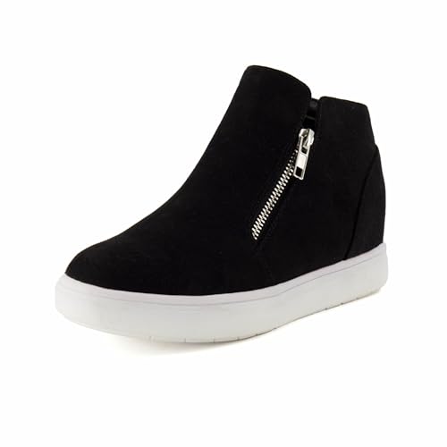 CUSHIONAIRE Women's Hart Sneaker Wedge Booties– Slip-On Sneaker Wedge Boots for Women with Dual Zipper, Black 9