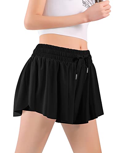 Auranso Girls Flowy Shorts with Pocket 2-in-1 Athletic Running Butterfly Shorts 3Pack Black-Blue-Hot Pink 7-8 Years