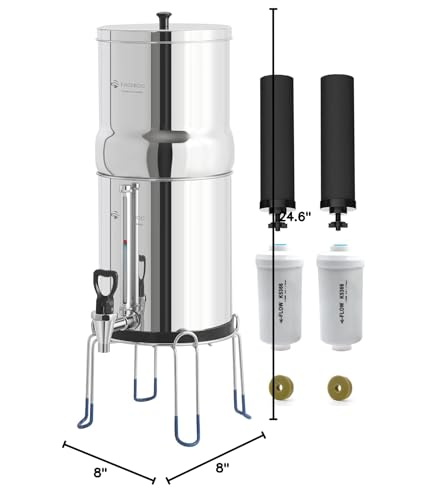 FACHIOO Gravity-Fed Water Filter System, NSF/ANSI 42&372 Standard, 2.25G Stainless-Steel Countertop System with 2 Black Elements, 2 Fluoride, Metal Water Level Spigot, Reduces Fluoride and Chlorine