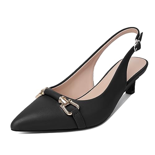 AUMOTED Women Kitten Slingback Low Heel Pumps with Buckle Bow Ankle Strap Pointed Toe Dress Shoes 1.6 Inch Patent Ocean Blue US Size 8.5