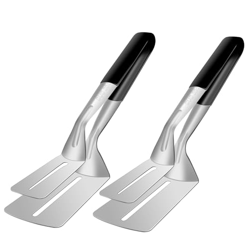 Double Spatula Flipper, Stainless Steel Double-Sided Shovel Clip, 10 Inch Grill Clamp Spatula Tongs for Beefsteak Bread Hamburger BBQ Meats Pizza Pies Bread Fish(2 Pack)