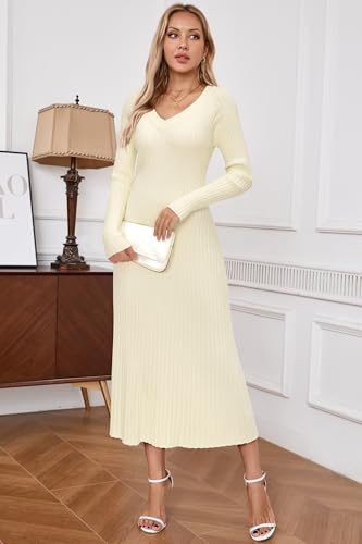 Arach&Cloz 2024 Fall Womens V Neck Long Sleeve Sweater Dress Ribbed Knit Slim Fit Midi Maxi Dress Fashion Clothes Beige Cream Apricot