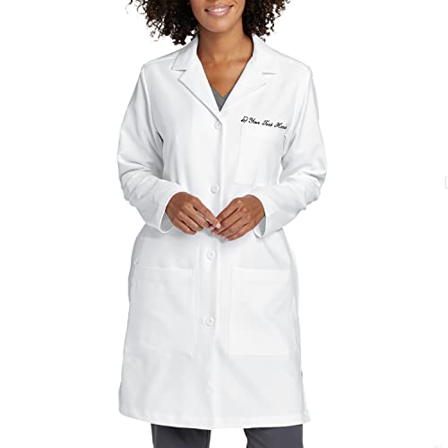 Personalized Embroidered Lab Coat for Women with Medical Specialty ICON & Your Name or Text, 13 Thread Colors - Custom Embroidered Women's Laboratory Coats w/ 3 Pockets & Long Sleeve, White - X Small