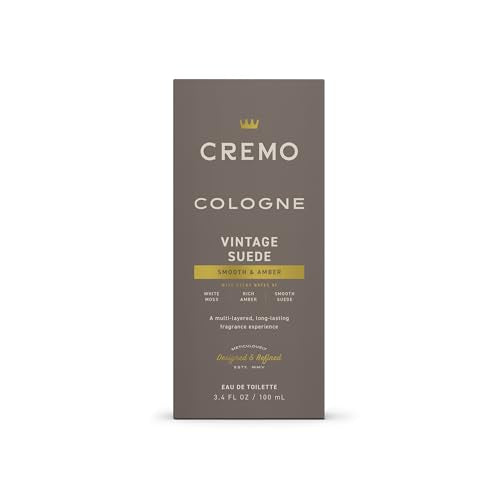 Cremo Cologne for Men - Vintage Suede Mens Cologne Spray- A Combination of White Moss, Rich Amber, and Smooth Suede, Fragrances For Men, 3.4 Fl Oz