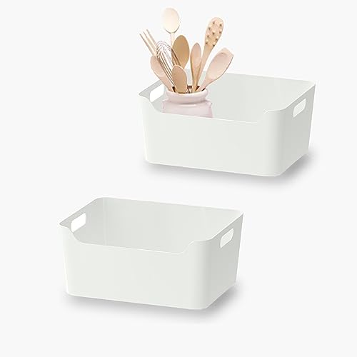 AJbells Stackable Plastic Storage Bins, Pantry Organization and Storage, Freezer Organizer, Food organizer, Open White Storage Boxes for Bedroom Office School Shelves, 2 Pack (9.45”x6.69”x3.94”)