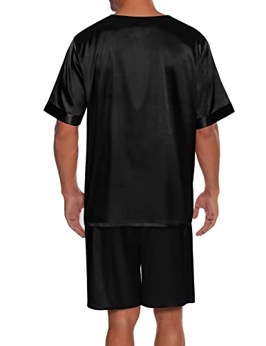 SWOMOG Men Satin Pajamas Set Short Sleeve Silk Sleepwear Button Down 2 Piece Loungewear with Pockets Black Small