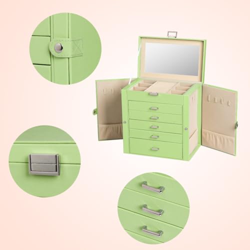 Frebeauty Large Jewelry Box,6-Tier PU Leather Jewelry Organizer,Multi-functional Storage Case with Mirror,Accessories Holder with 5 Drawers for Necklace Bracelets Watches(Avocado Green)