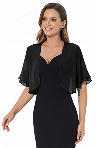 Women Shrug Soft Chiffon Open Front Sheer 3/4 Sleeve Bolero Cardigan for Evening Dress(Black,S)