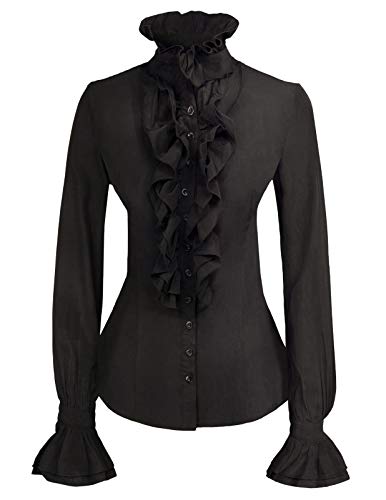 Kate Kasin Women Long Sleeve Blouse Victorian Gothic Lotus Ruffle Shirts Blouse Black M