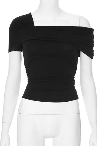 Women's One Off Shoulder Short Sleeve Top Ruched Going Out Club Tops Slim Fit Y2K Shirt Crop Top S