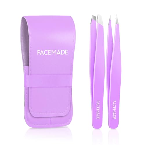 FACEMADE 2 Pack Tweezers Set - Professional Stainless Steel Tweezers for Men and Women, Precision Eyebrow Tweezers for Facial Hair, Chin, and Ingrown Hair Removal (Black)
