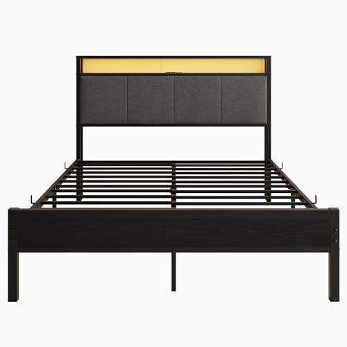 VECOCHO Twin Bed Frame with Charging Station and LED Lights,Upholstered Headboard with Storage Shelves,Heavy Duty Metal Slats, No Box Spring Needed,Noise Free, Easy Assembly,Black and Dark Grey