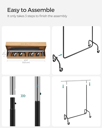 SONGMICS Clothes Rack with Wheels, Heavy-Duty Garment Rack with Extendable Rod, 286.6 lb Load Capacity, 17.7 x (43.3-59.1) x 64.1 Inches, Black and Silver UHSR011E01