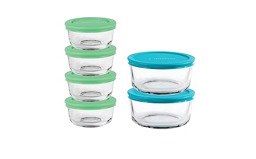 Anchor Hocking 12 Piece Glass Storage Containers with Lids (6 Glass Food Storage Containers & 6 Mixed Blue SnugFit Lids)